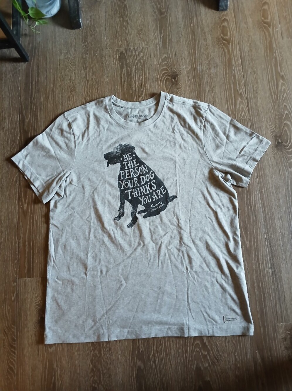 Life Is Good Light Gray Short-Sleeve Tee with Black Dog Quote Graphic